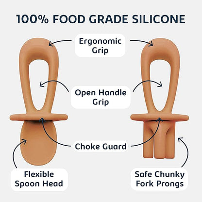 Tiny Twinkle Silicone Training Utensils - Baby Spoons & Baby Forks For Self-Feeding Training - Silicone Baby Led Weaning Utensils For Toddlers And Babies 6-24 Months - Baby Feeding Supplies (Cinnamon)