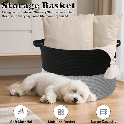 90L Large Blanket Basket, 21.7"x 21.7"x 13.8" Rope Woven Storage Basket with Handles, Laundry Hamper for Toys,Clothes,Pillows & Towels,Perfect for Living Room,Bedroom,Black&Light Grey