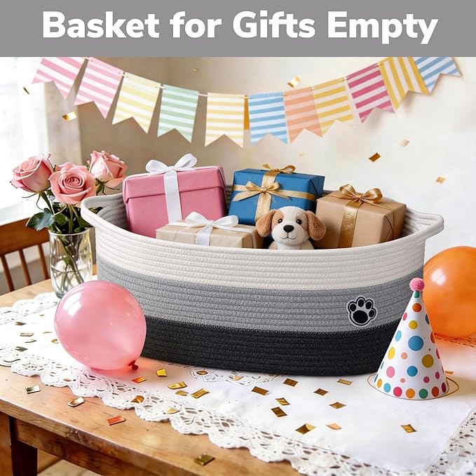 Large Dog Toy Basket, 19.7" X 11" X 7.9" Woven Baskets for Dog Cat Storage, Toy Basket with Handles for Nursery, Living Room, Gift Baskets Empty for Baby Shower, Mixed-Gray