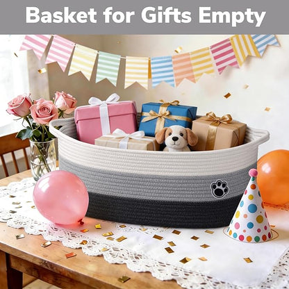 Large Dog Toy Basket, 19.7" X 11" X 7.9" Woven Baskets for Dog Cat Storage, Toy Basket with Handles for Nursery, Living Room, Gift Baskets Empty for Baby Shower, Mixed-Gray