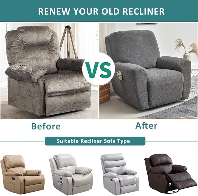 NILUOH Stretch Recliner Chair Cover 4-Pieces Recliner Covers for Large Recliner Jacquard Lazy Boy Chair Covers Soft Reclining Chair Cover Furniture Protector with Elastic Bottom (Leaf Dark Grey)