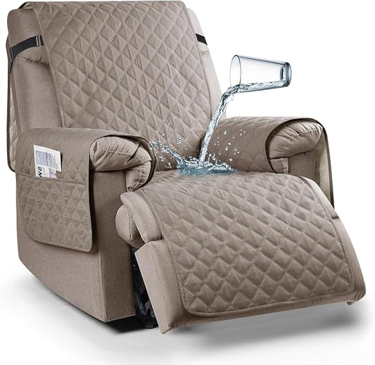 Ruaozz 100% Waterproof Recliner Chair Cover Non-Slip Reclining Cover for Recliner Chair Washable Chair Seat Cover with Elastic Straps for Kids, Dogs, Pets (Pale Brown, 23'')