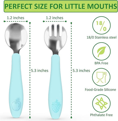 CHILLOUT LIFE Toddler Utensils, Kids Silverware with Silicone Handle, Stainless Steel Metal Toddler Forks and Spoons Safe Baby Cutlery Set for Self Feeding BPA Free Dishwasher Safe