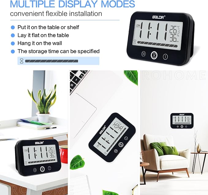 Waterproof Hanging Timer for Bathroom, Digital Kids Shower Clock with Temperature & Humidity, 99 Minutes Countdown Timer with Alarm, Water Resistant Large LCD Visual Timer, 2 Hooks Included (Black)