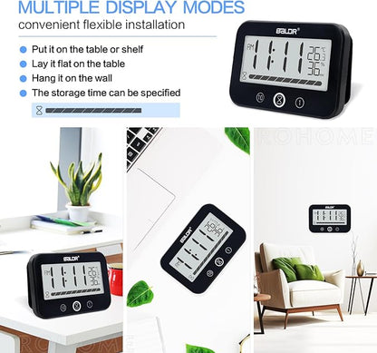 Waterproof Hanging Timer for Bathroom, Digital Kids Shower Clock with Temperature & Humidity, 99 Minutes Countdown Timer with Alarm, Water Resistant Large LCD Visual Timer, 2 Hooks Included (Black)