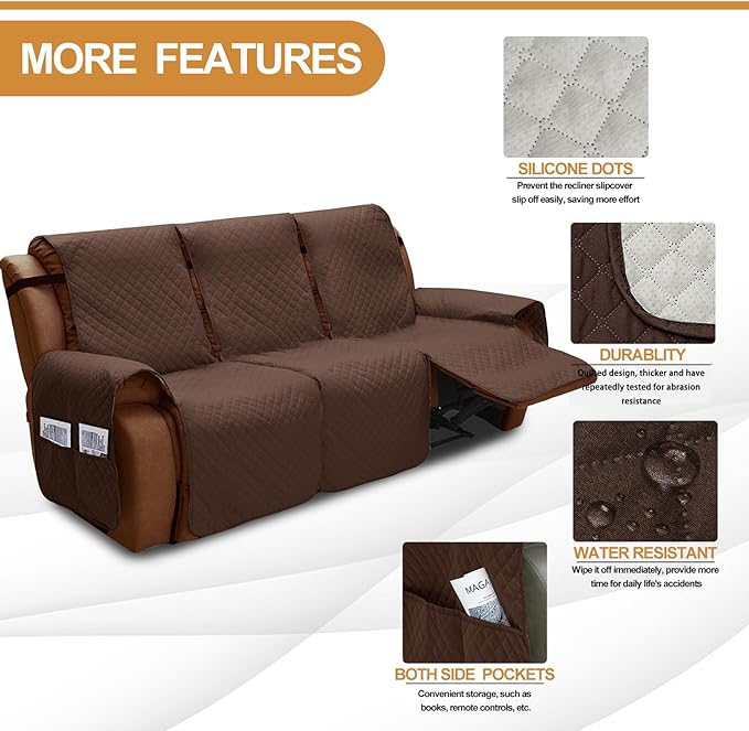 XINEAGE Water Resistant Recliner Cover, 3 seat Recliner Sofa Covers with Pockets, Quilted Thick Recliner Protector Cover for Dog Pets with Non Slip Backing and Strap (Recliner Sofa, Coffee)