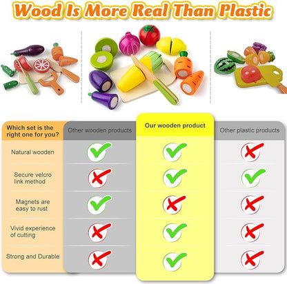 Sundaymot Play Kitchen Accessories, Wooden Play Food, Cooking Set with Stainless Steel Cookware Pots and Pans Utensils, Apron, Chef Hat, Cutting Food Kitchen Playset for Girls and Boys