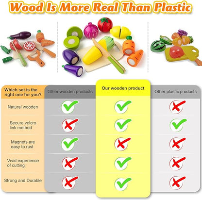 Sundaymot Play Kitchen Accessories, Wooden Play Food, Cooking Set with Stainless Steel Cookware Pots and Pans Utensils, Apron, Chef Hat, Cutting Food Kitchen Playset for Girls and Boys