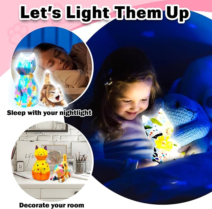 FUNZBO 2Pcs Paint Your Own Cat Lamp Kit - Arts and Crafts for Kids Teens Adults, Art Supplies Painting Kits for Kids, Toys Girls Boy Birthday Gift Ages 3 4 5 6 7 8 9 10 11 12 13+