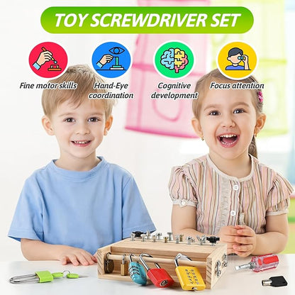Montessori Screwdriver Board Set, Montessori Toys for 3 4 5 with 6 Locks and Keys, Toddler Screwdriver Toy, Kids Tool Set, Preschool Learning Sensory Toy, Fine Motor Skills Toys