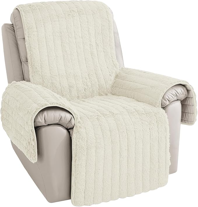 RBSC Home Plush Recliner Slipcover Chair Covers Artificial Wool Lazy Boy Cover Quilted Cover for Recliner Chairs and Furniture (Ivory, 30")