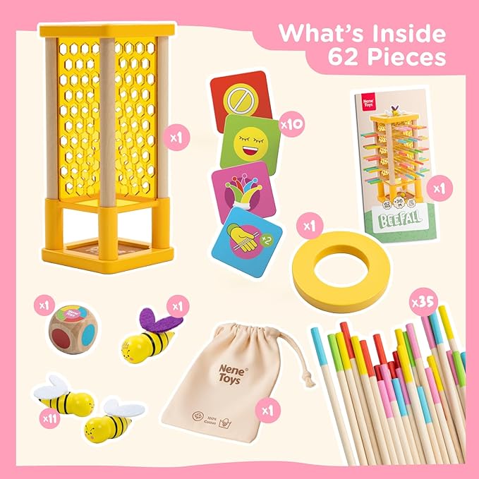 Nene Toys BeeFall Wooden Tower Game for Kids 3+ – 4-in-1 Stick Drop Bee Game with Dice & Action Cards, Rainbow Sticks Ring – Montessori Board Game for Family Game Night, Fine Motor Skills