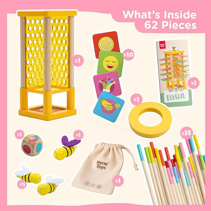 Nene Toys BeeFall Wooden Tower Game for Kids 3+ – 4-in-1 Stick Drop Bee Game with Dice & Action Cards, Rainbow Sticks Ring – Montessori Board Game for Family Game Night, Fine Motor Skills