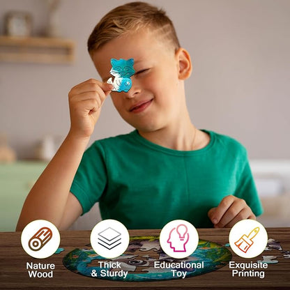 Wooden Jigsaw Puzzles for Kids Ages 4-6, 50 Piece Unique Shape Animal Theme Puzzle - Preschool Learning Educational Toys for Kids 3+, Valentines Day Birthday Easter Gifts for Kids Girls Boys (raccoon)