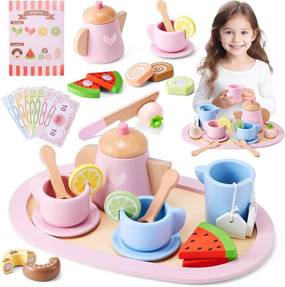 Wooden Tea Party Set, Tea Set for Little Girls 1-3 Toddler Tea Sets for Girls 2-4 with Wooden Toys Food Pretend Play Tea Party Wooden Kitchen Toys Playset Christmas Birthday Gift