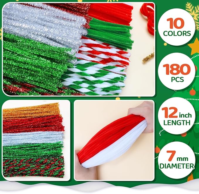 180pcs Christmas Pipe Cleaners, Pipe Cleaners for Crafts, Craft Supplies Multicolor Chenille Stems for Art&Craft Christmas DIY Projects(10colors,Christmas)