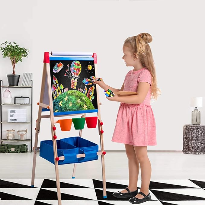 Kid's Art Easel with Adjustable Double-sided Magnetic Board, Paper Roll, Storage and Accessories, Standing Art Easel for Kids (31-55.5 inches)