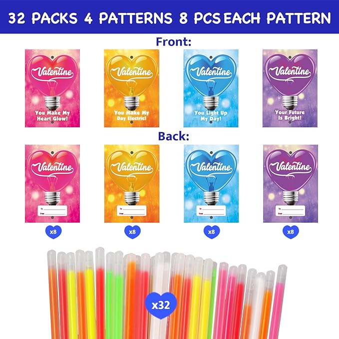 Valentines Day Gifts For Kids, 32 Packs Valentines Glow Sticks Bracelet Valentines Gifts Glow Necklaces for Valentines Day Gifts for Kids School Classroom Exchange Party Favors Supplies