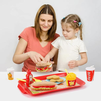 Pretend Play Food Set for Children,Removable Fast Food Playset with Tray Hamburger Hotdog Fries Combo,Play Kitchen Accessories Role Play Toys,Christmas Birthday Gift for Kids Boys Girls(15PCS)