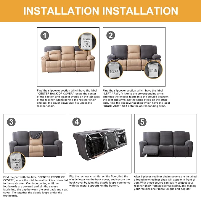 Genina Recliner Cover Stretch Couch Covers, Sofa slipcover for Reclining Couch Thick Jacquard Furniture Protector Washable (Black, 3 Seat)