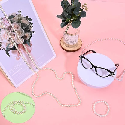 Kavoc 4Pcs Old Lady Costume Accessories Granny Grandma Dress up Eyeglasses Beaded Chain Faux Pearl Bead Necklace and Bracelet