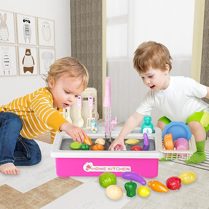 Doloowee Color Changing Kitchen Sink Toys,Electric Dishwasher Playing Toy Play Sink for Kids 3-5 with Running Water,Upgraded Faucet and Play Dishes,Pretend Play Kitchen Toys for Kids Boys Girls(Pink)