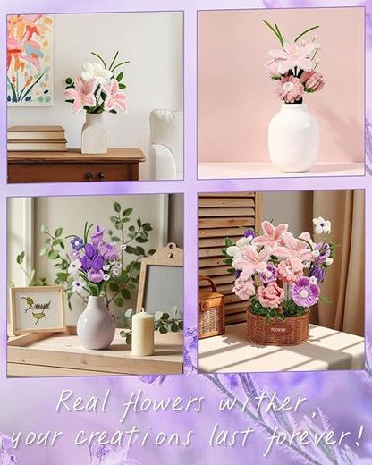 YYUENGTAK 500 Pcs Pink & Purple Pipe Cleaners Flower kit,Chenille Stems for DIY Art Projects Creative Gift,Pipe Cleaners Craft with tutoria,Pearls,Pompoms,Green Floral Wires,Gardening Tape,Stamen