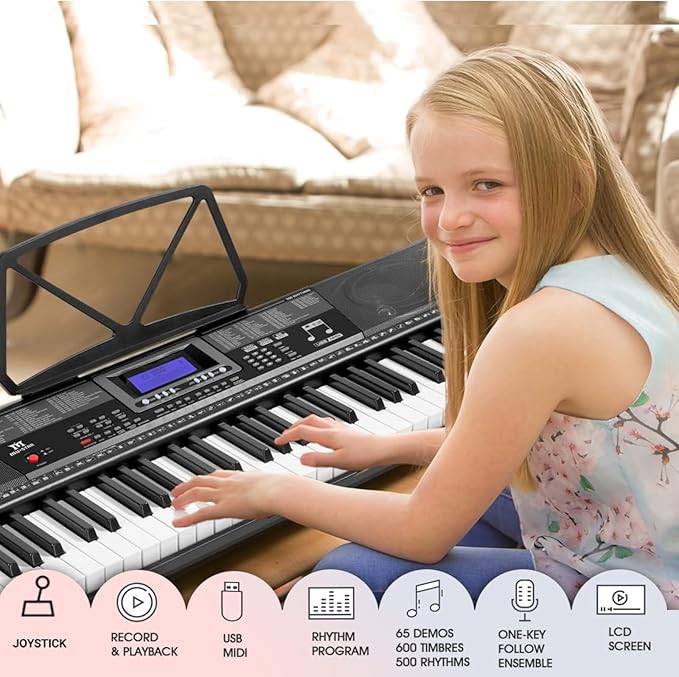 MUSTAR Piano Keyboard, MEKS-500 61 Key Learning Keyboard Piano with Lighted Up Keys, Electric Piano Keyboard for Beginners, Stand, Pedal, Headphones/Microphone, USB Midi, Joystick, Built-in Speakers