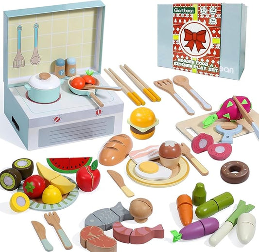 Giant bean Wooden Play Food Set, Play Kitchen Accessories, 78 PCS Pretend Cooking Set, Vegetables Fruits Cutting Toys, Dishes, Educational Toddler Toys