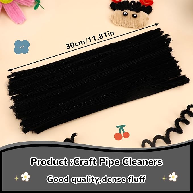 Pipe Cleaners, 100PCS Christmas Pipe Cleaners Craft Supplies, Black Pipe Cleaners for Hair Pipe Cleaners Bulk Fuzzy Sticks for DIY Art and Craft Projects Home Decoration