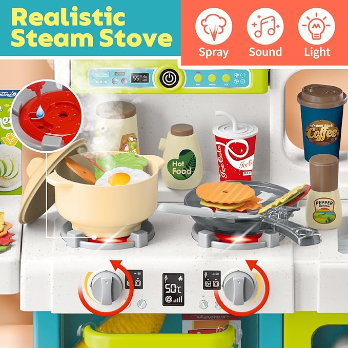 CUTE STONE Kids Kitchen Playset, Play Kitchen for Toddlers, Play Sink with Manual Faucet, Cooking Stove with Steam, Sound and Light, Play Kitchen Accessories, Pretend Toy Kitchen Set for Kids, 40" H