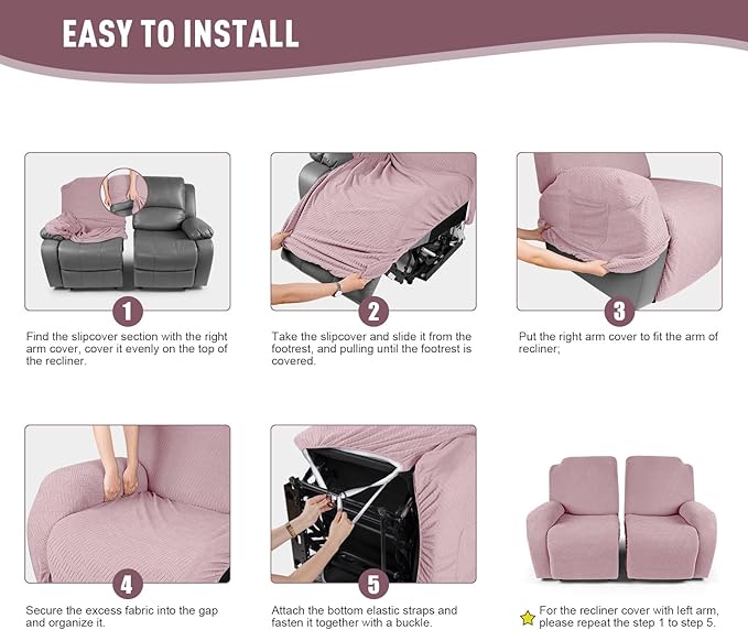 KinCam Recliner Covers, Stretch Reclining Chair Covers, Recliner Sofa Slipcovers Stripe Jacquard Recliner Couch Covers Furniture Protector Covers for Pet Kid (2 Seater, Pink)