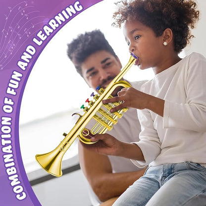 Lewtemi Gold Trumpet Musical Instruments Toy for Kid Toddler Fake Plastic Preschool Music Toy Gift Non-Professional Wind Instrument Early Educational Teaching Songs Gifts for Toddlers Children