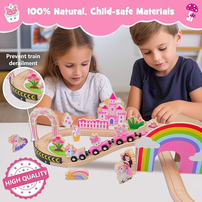 SIMPLIPLAY Wooden Train Set - 43PCS Unicorn Magnetic Toy Train Sets with Wooden Train Tracks & Bridge for Girls Toddlers, Enhance Fine Motor Skills, Ideal for Birthday