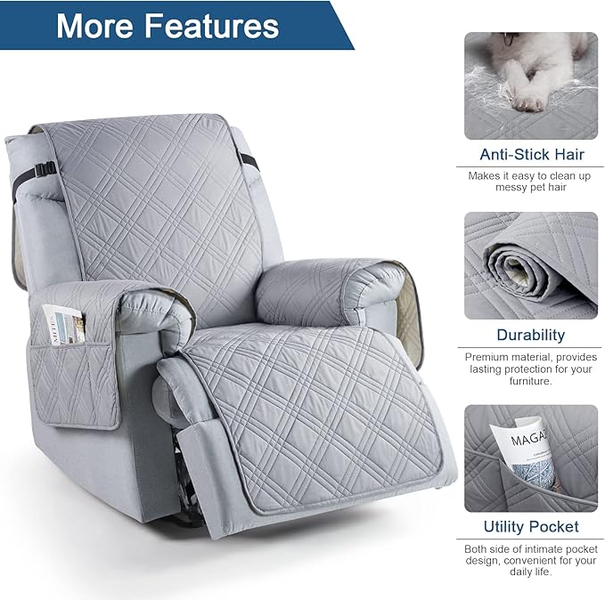 TAOCOCO 100% Waterproof Recliner Chair Cover with Double Straps, Oversized Recliner Covers for Large Recliner Chair, Non Slip Reclining Chair Cover for Kids, Pets(Oversized Recliner, Light Grey)