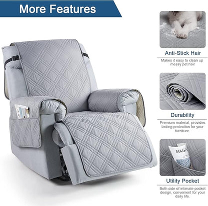 TAOCOCO 100% Waterproof Recliner Chair Cover with Double Straps, Oversized Recliner Covers for Large Recliner Chair, Non Slip Reclining Chair Cover for Kids, Pets(Oversized Recliner, Light Grey)