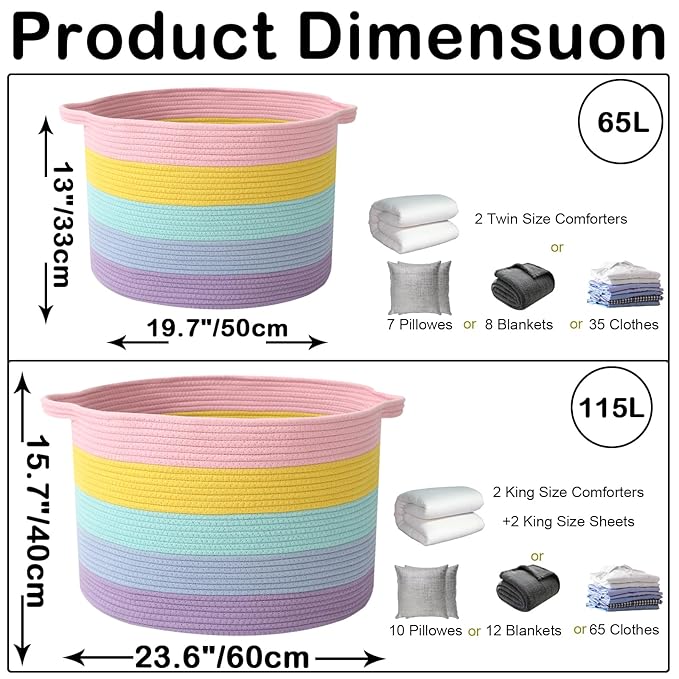 65L Extra Large Woven Cotton Rope Blanket Basket with Handles, Laundry Hamper Storage Bin for Pillows, Comforters,Clothes, Toys, Nursery, Bedroom and Living Room Organization,Colorful