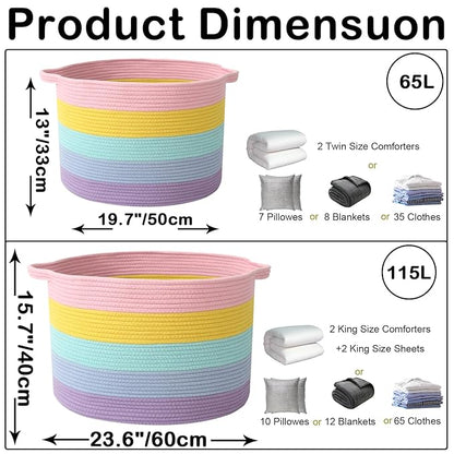 65L Extra Large Woven Cotton Rope Blanket Basket with Handles, Laundry Hamper Storage Bin for Pillows, Comforters,Clothes, Toys, Nursery, Bedroom and Living Room Organization,Colorful