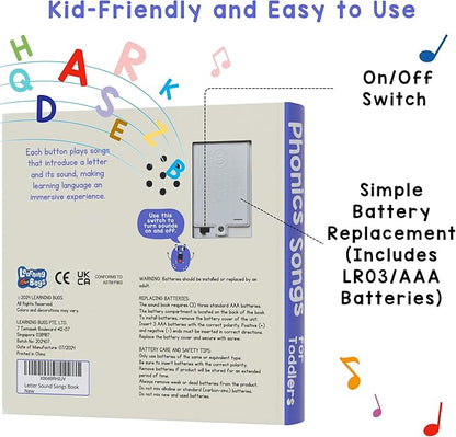 LEARNING BUGS Phonics Songs Book, 26 Letter Sound Songs, Preschool & Kindergarten Learn to Read for 3 Year olds, Perfect Toy and Gift for Toddlers Ages 2+