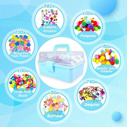 3000 Arts and Crafts Supplies for Kids Craft Kit All in 3 Layered Craft Box with Pipe Cleaners Crafts for Kids Age 4-6, 6-8, 8-12 DIY School Supplies Materials Set Toys Gifts for Girls Boys, Blue