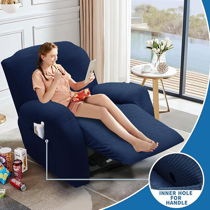 XINEAGE 4 Pieces Recliner Cover Stretch Jacquard Recliner Chair Covers Soft Recliner Slipcovers with Pocket for Kids and Pets, Washable Couch Cover (Recliner, Navy Blue)