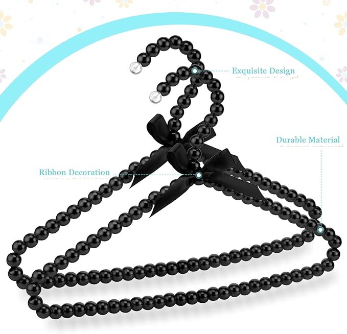 Threan Pearl Beaded Clothes Hanger Mini Pearl Beads Small Metal Clothes Hangers with Ribbon Standard for Kids Baby Children Pet Dog(Black,12 Pcs)