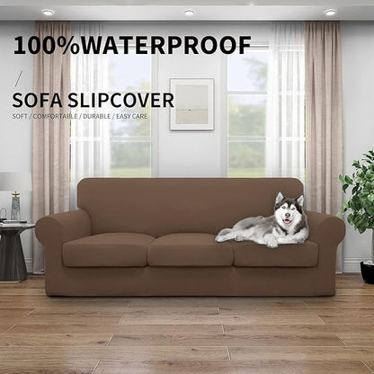 Easy-Going 100% Dual Waterproof Oversized Cover Stretch Soft Couch Cover for Dogs, Sofa Slipcover for 3 Separate Cushion Couch Leakproof Furniture Protector for Kids, Pets Brown