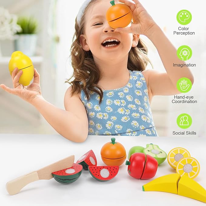 WHOHOLL Wooden Play Food with Wooden Tray & Knife, Pretend Play Cutting Food Toys, Fruits Toy Food Sets for Kids Kitchen, Mini Food Toy, Montessori Toys Learning Resources for 1-5 Year Old Toddlers