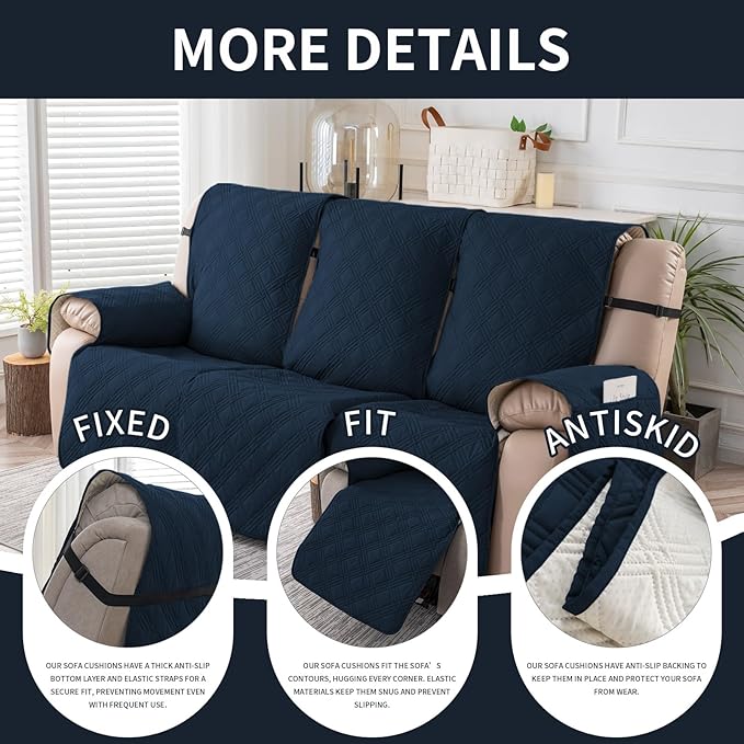 Easehomey Waterproof Recliner Sofa Cover,Non-Slip Reclining Sofa Covers for 3 Seat,Washable Reclining Sofa Cover Furniture Protector with Elastic Straps Pocket for Kids, Pets(Dark Blue,3Seat)
