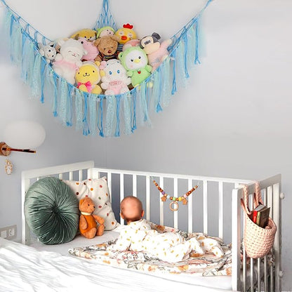 Stuffed Animal Hammock with LED Lights - 59 Inch Large Toy Storage Net for Kids Bedroom, Wall-Mounted Plush Organizer with Wooden Rings, Nursery Decor (Handwoven, Blue)