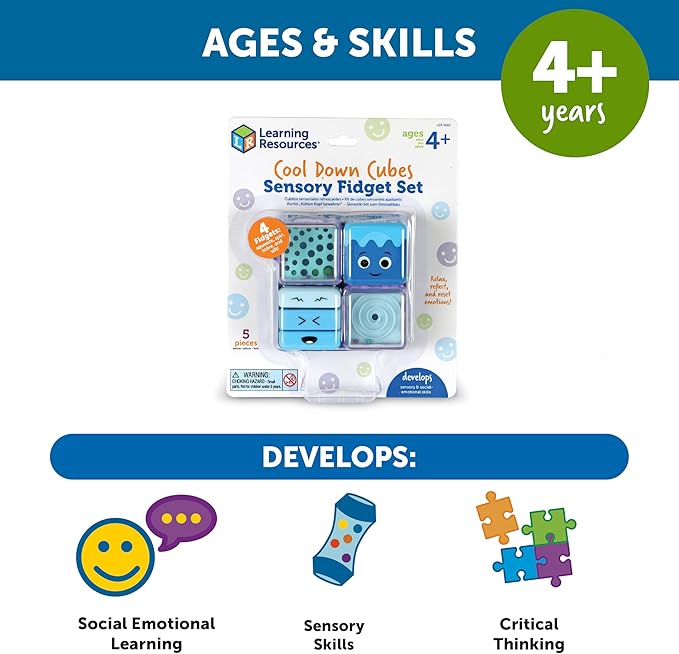 Learning Resources Cool Down Cubes Sensory Fidget Set, Fidgets for Kids, Sensory Toys for Toddlers, Fidgets for Classrooms, Easter Basket Toys, Ages 3+,5 Pieces