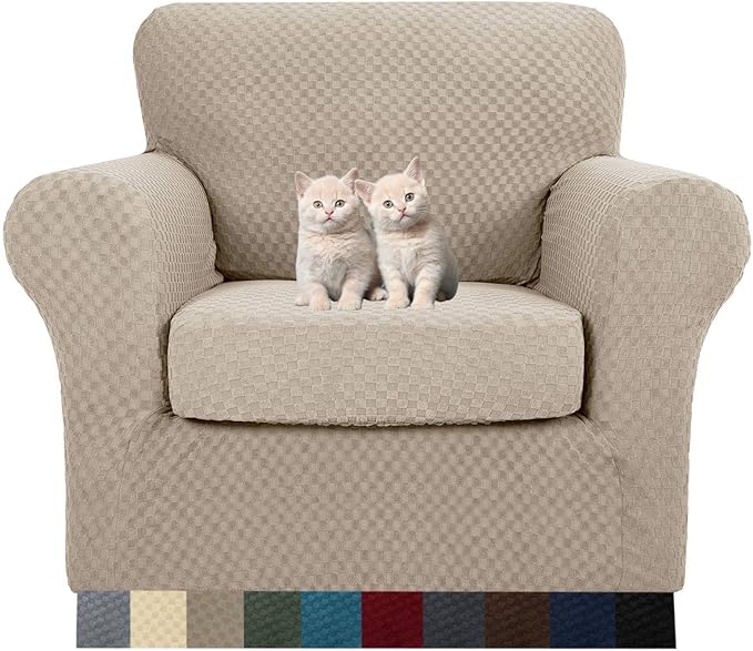 MAXIJIN 2 Piece Jacquard Chair Covers with Arms Super Stretch Non Slip Chair Slipcover for Living Room Dogs Pet Friendly Elastic Sofa Couch Protector Armchair Cover (Chair, Khaki)