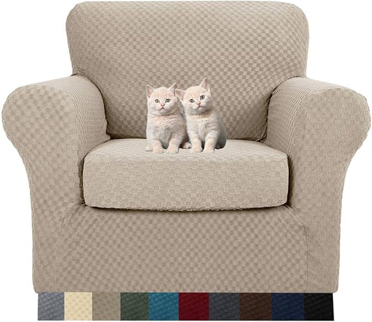 MAXIJIN 2 Piece Jacquard Chair Covers with Arms Super Stretch Non Slip Chair Slipcover for Living Room Dogs Pet Friendly Elastic Sofa Couch Protector Armchair Cover (Chair, Khaki)