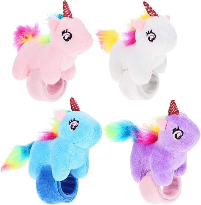 LUOZZY 4Pcs Animal Slap Bracelet Stuffed Unicorn Slap Bracelets Plush Animal Huggers Kids Slap Band Toys Party Favors - Blue+Pink+White+Purple